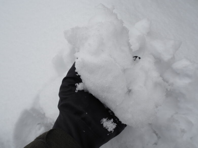 ワークマンの防寒防水手袋で雪を直接掴んでも染みない様子
