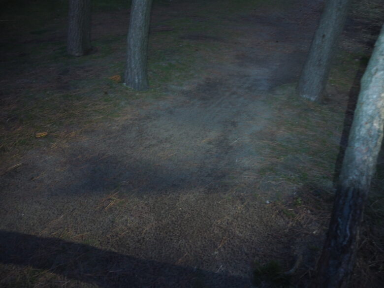 ダイソーの充電式LEDヘッドライトで足元を照らしているところ