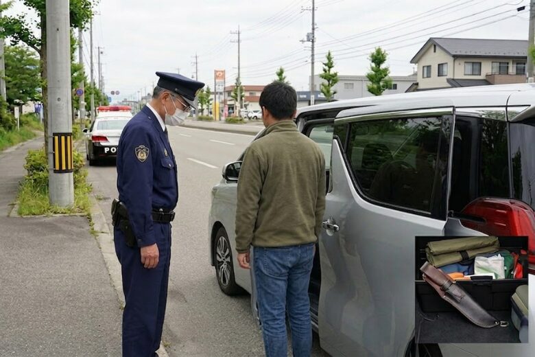 キャンプ帰りに警察に職質されて焦っている場面