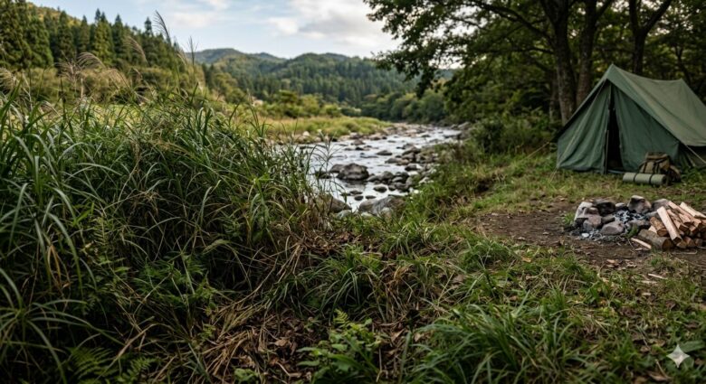 草が生い茂っている野営地の情景