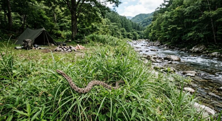 キャンプ地の傍の草むらでヘビが出現しているところ